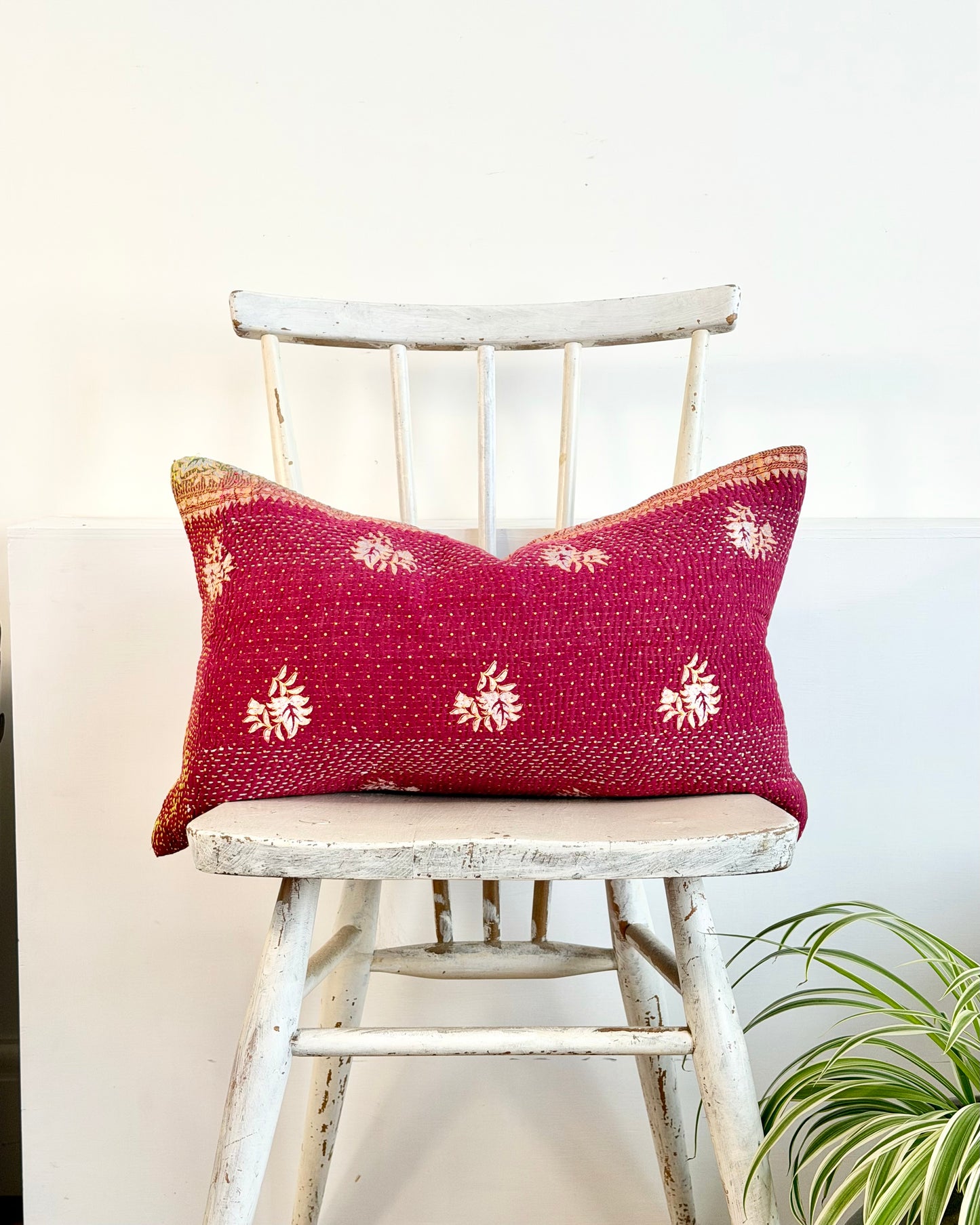 Vintage Kantha Cushion In Burgundy and Gold - Small Rectangular