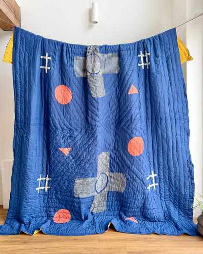 Quilted Kantha In Blue and Yellow With Geometric Patterns - SUPER KING - Biggs & Hill