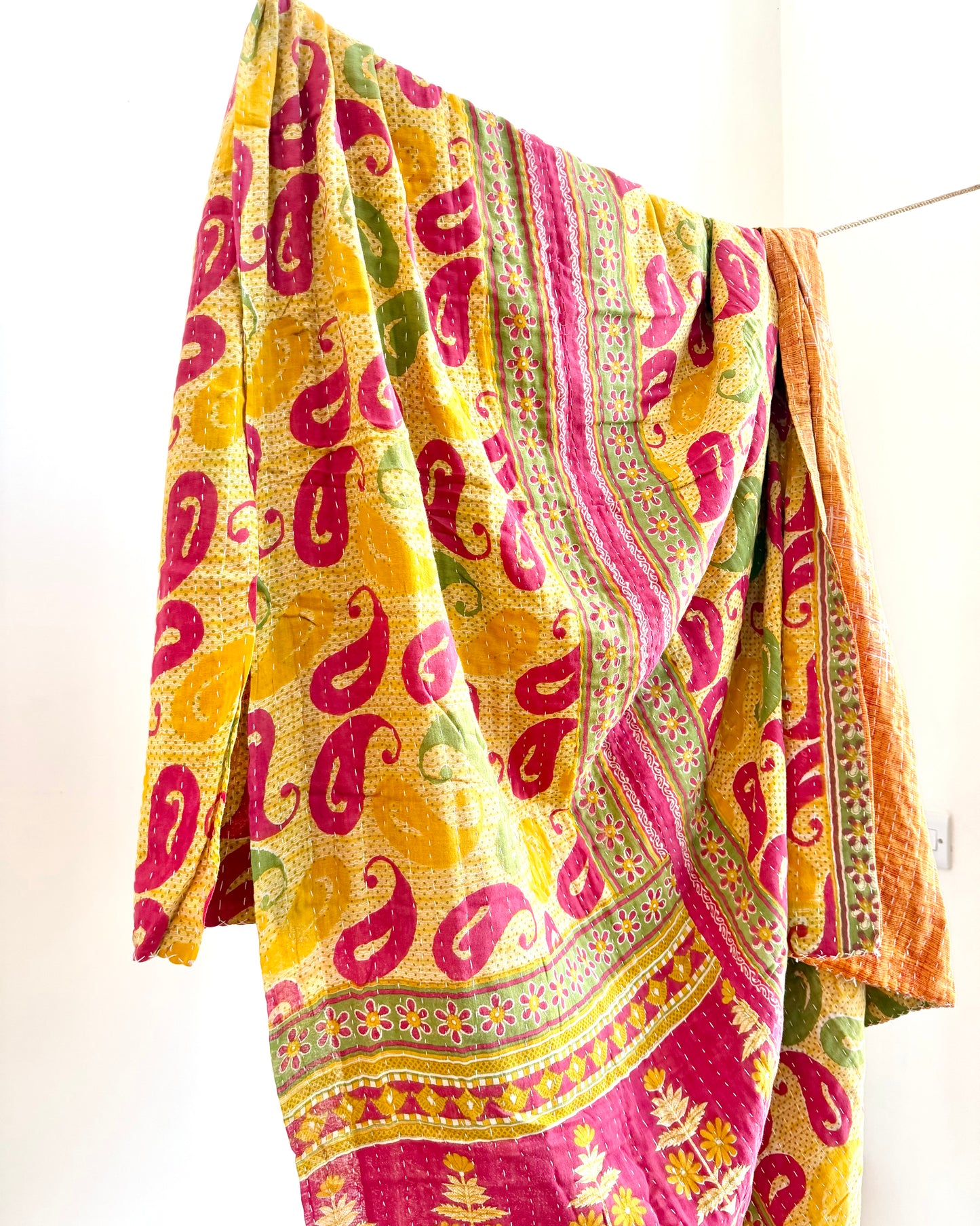 Vintage Cotton Kantha Quilt In Yellow And Pink #39
