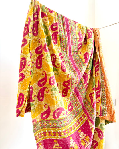 Vintage Cotton Kantha Quilt In Yellow And Pink #39