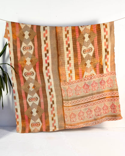 Large Fine Stitched Vintage Kantha Quilt in Peachy Pink Geometrics