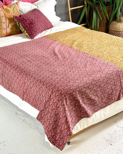 Fine Stitched Vintage Kantha Quilt in Pink, Yellow and Mustard - Biggs & Hill