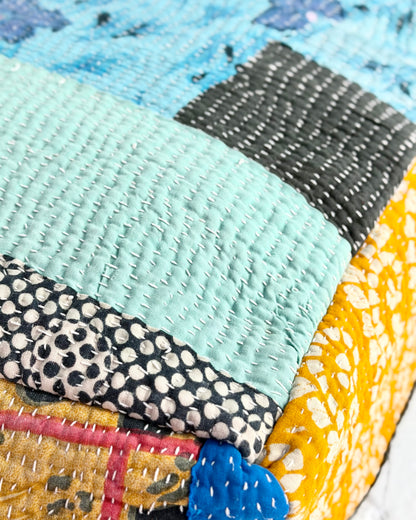 Large Square Kantha Floor Cushion Cover In Blue and Yellow