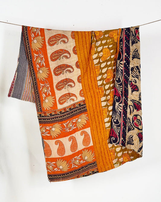 Vintage Cotton Kantha Quilt In Orange and Black Floral 14 - Biggs & Hill