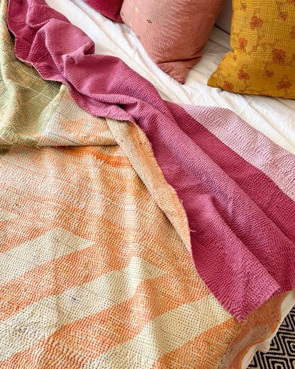 Extra Large Textured Vintage Kantha Quilt in Pink Colour Block and Peachy Pastels
