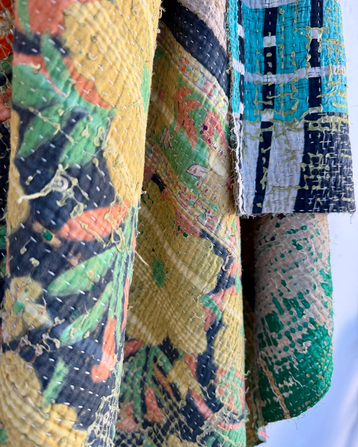 Large Textured Vintage Kantha Quilt In Green and Orange