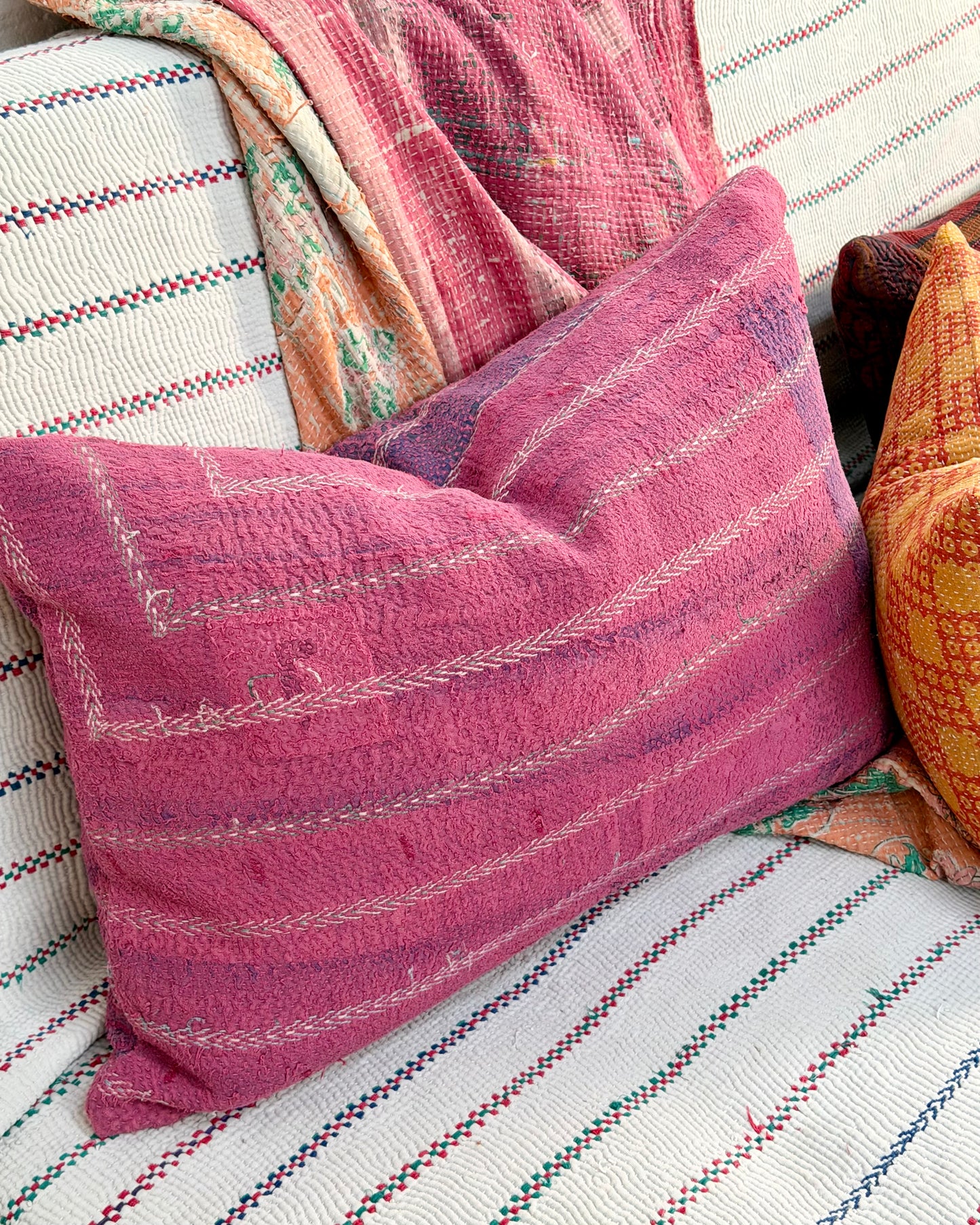 Handmade Vintage Kantha Cushion Cover In Pink With Embroidered Stripes - Large Rectangular