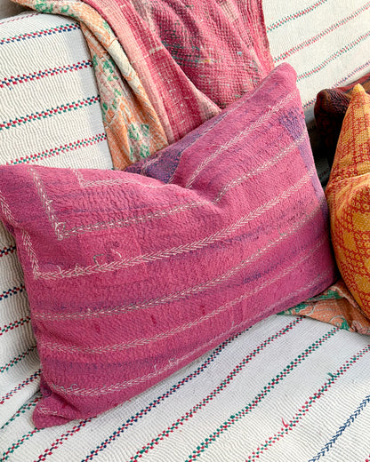 Handmade Vintage Kantha Cushion Cover In Pink With Embroidered Stripes - Large Rectangular