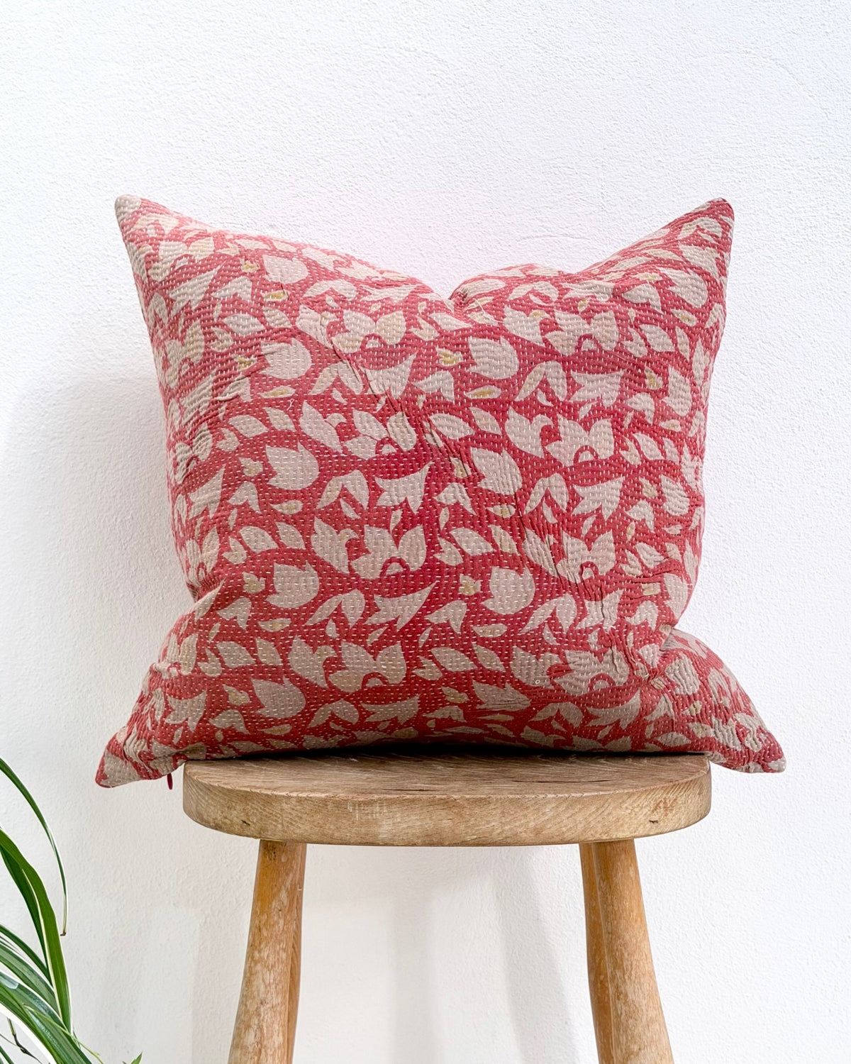 Handmade Vintage Kantha Cushion Cover In Pink Floral - 45cm (18") - Biggs & Hill