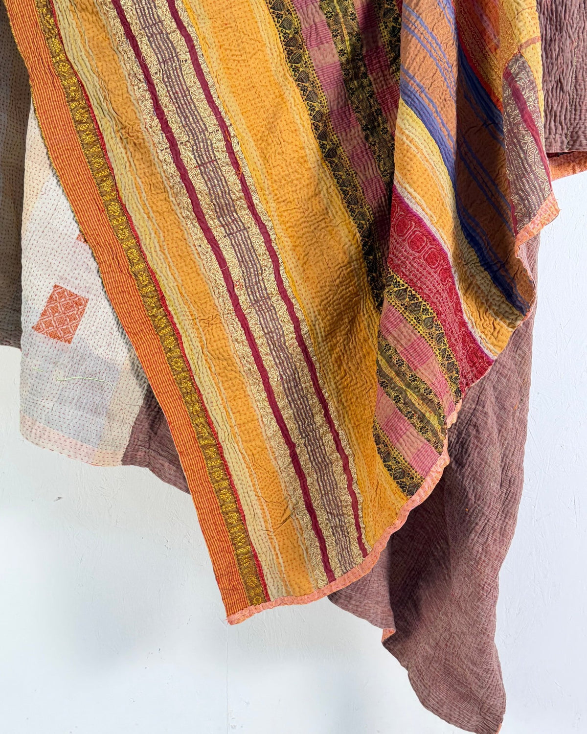 Extra Large Fine Stitched Vintage Kantha Quilt in Yellow and Pink Stripes - Biggs & Hill