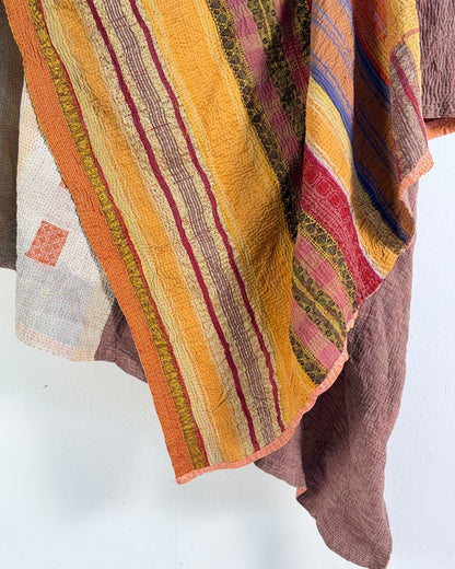 Extra Large Fine Stitched Vintage Kantha Quilt in Yellow and Pink Stripes - Biggs & Hill