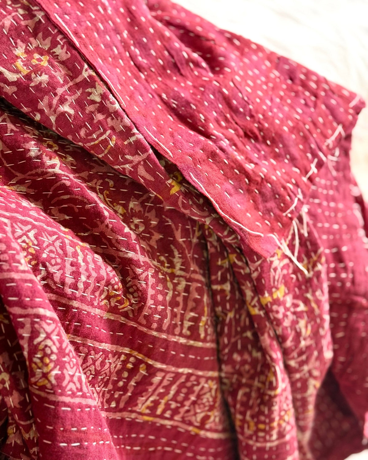 Ajrakh Printed Vintage Kantha Quilt in Deep Red - Biggs & Hill