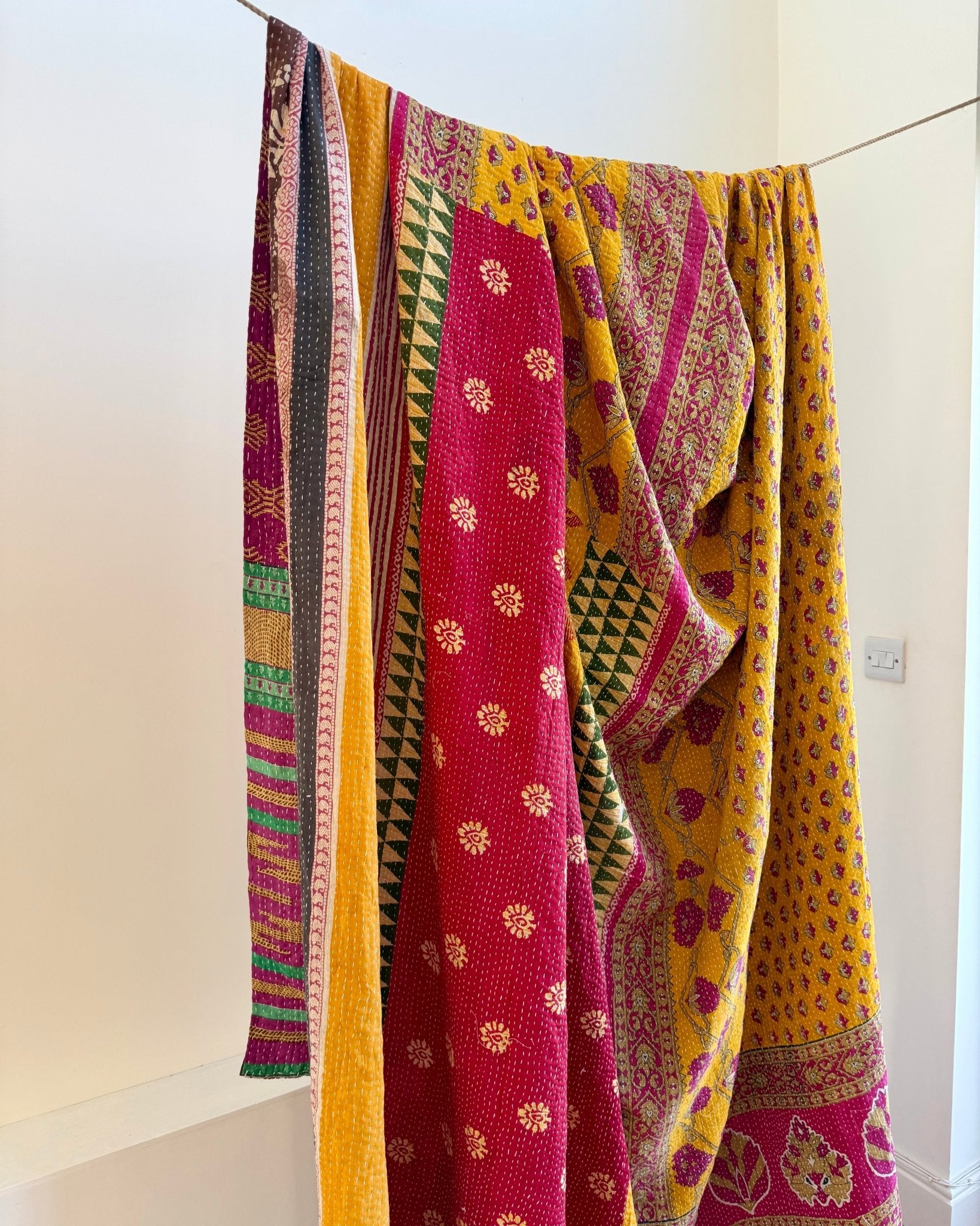 Super King Vintage Kantha Quilt in Green, Purple, Yellow and Red - Biggs & Hill