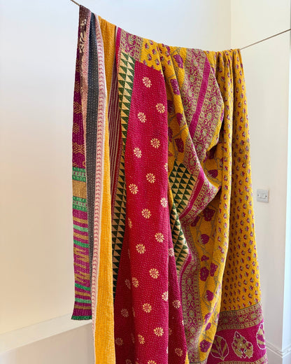 Super King Vintage Kantha Quilt in Green, Purple, Yellow and Red - Biggs & Hill