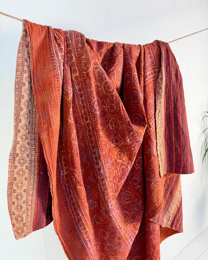 Extra Large Ajrakh Printed Vintage Kantha Quilt In Deep Red