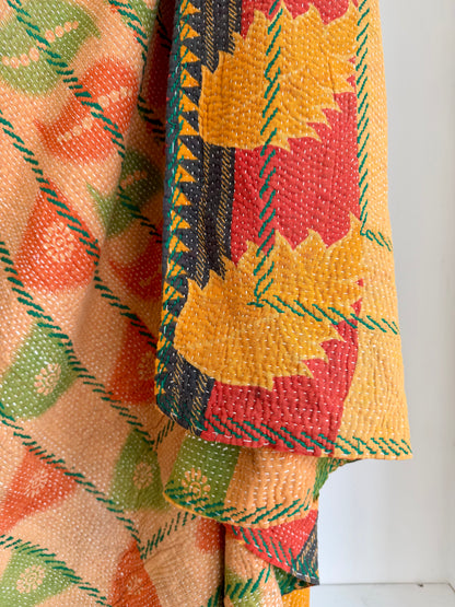Extra Large Embroidered Vintage Kantha Quilt in Orange and Green