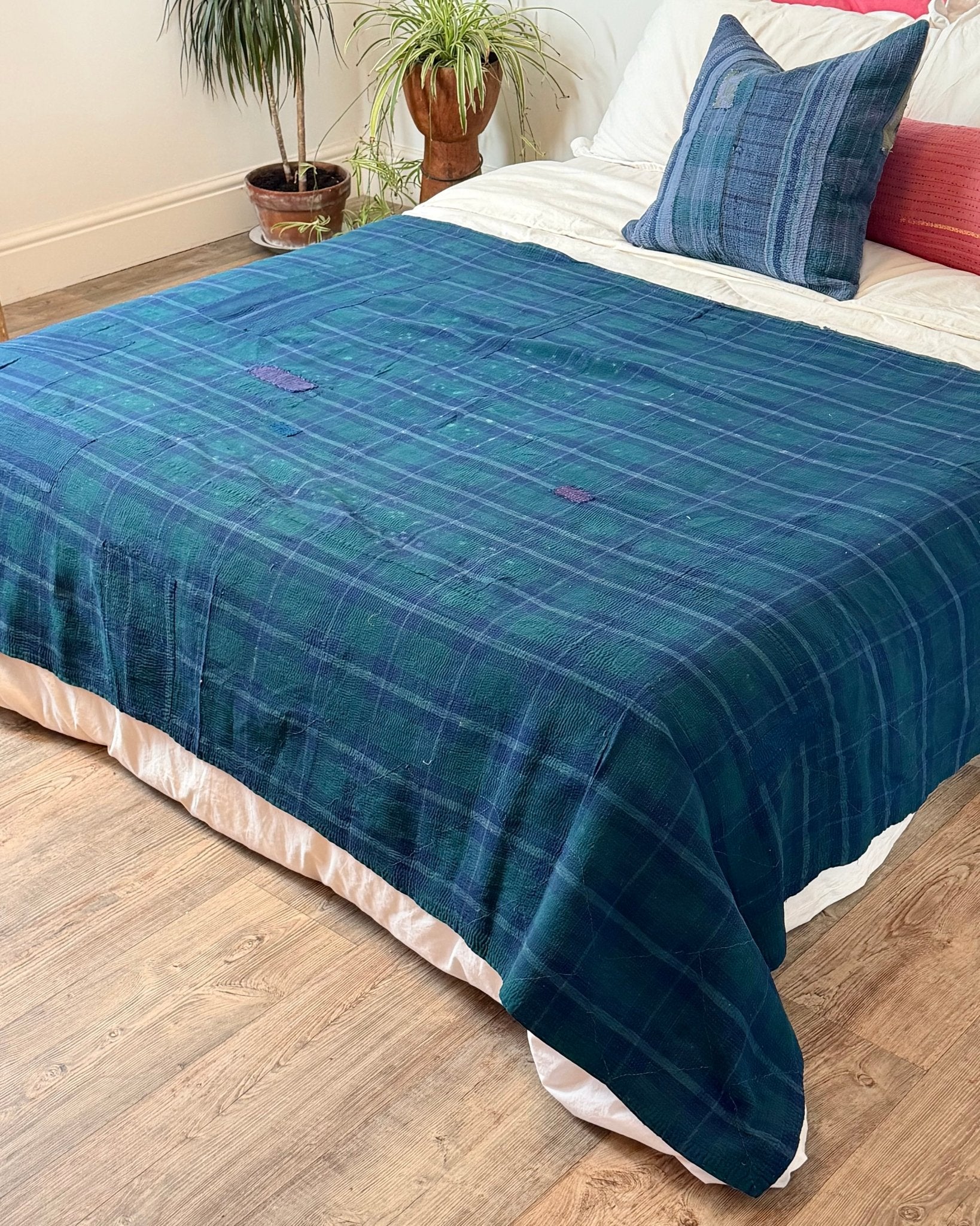 Ajrak Printed Vintage Kantha Quilt In Deep Blue - Biggs & Hill