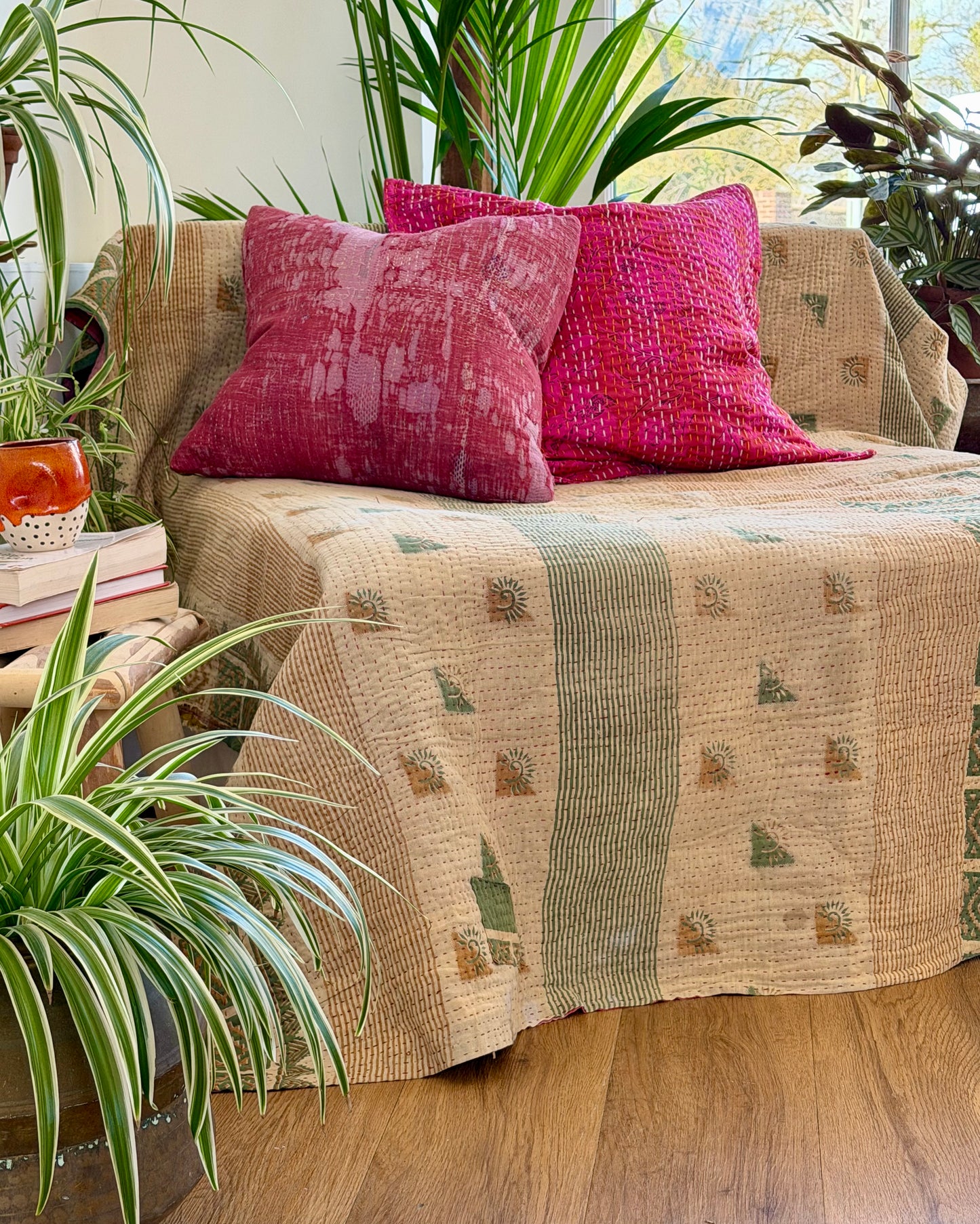 Fine Stitched Vintage Kantha Quilt in Super Soft Pink and Olive Green