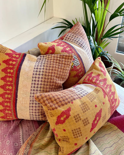 Handmade Vintage Kantha Cushion In Mustard Yellow And Red - Large Rectangular - Biggs & Hill