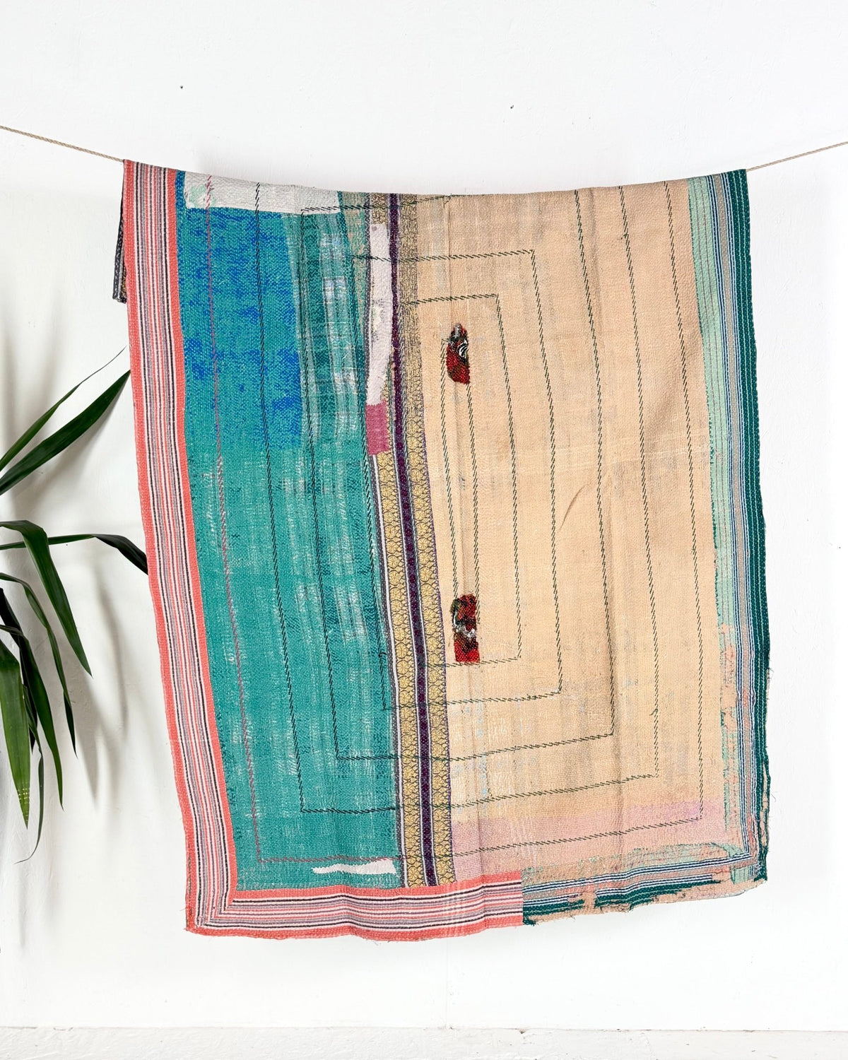 Embroidered Vintage Kantha Quilt in Pink and Turquoise - Biggs & Hill