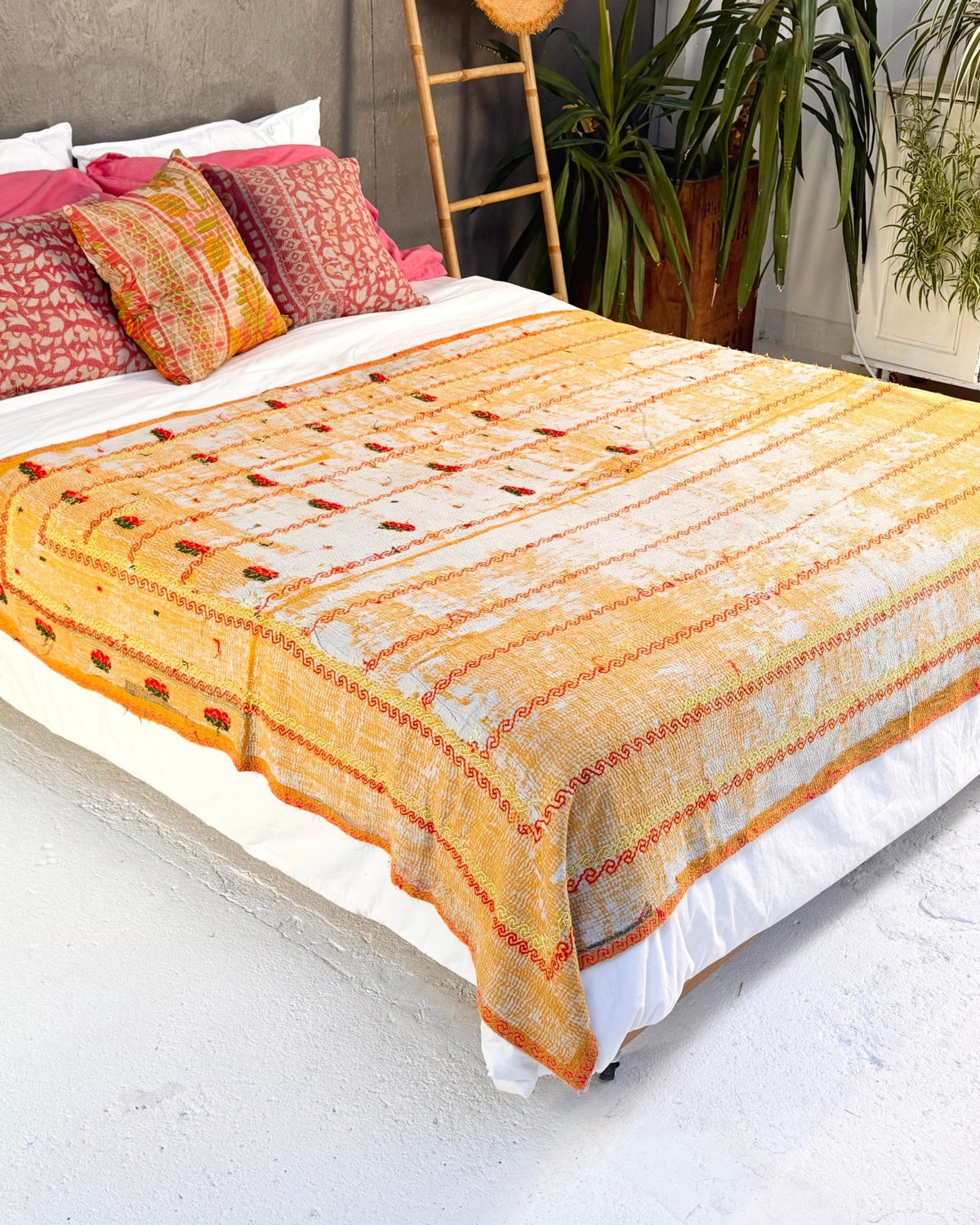 Embroidered Vintage Kantha Quilt in Yellow and Pink - Biggs & Hill