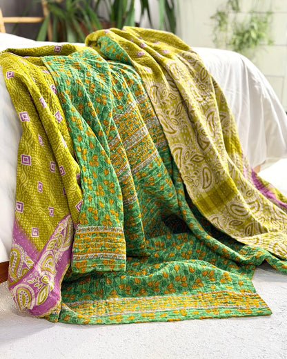 Large Fine Stitched Vintage Kantha Quilt in Green - Biggs & Hill