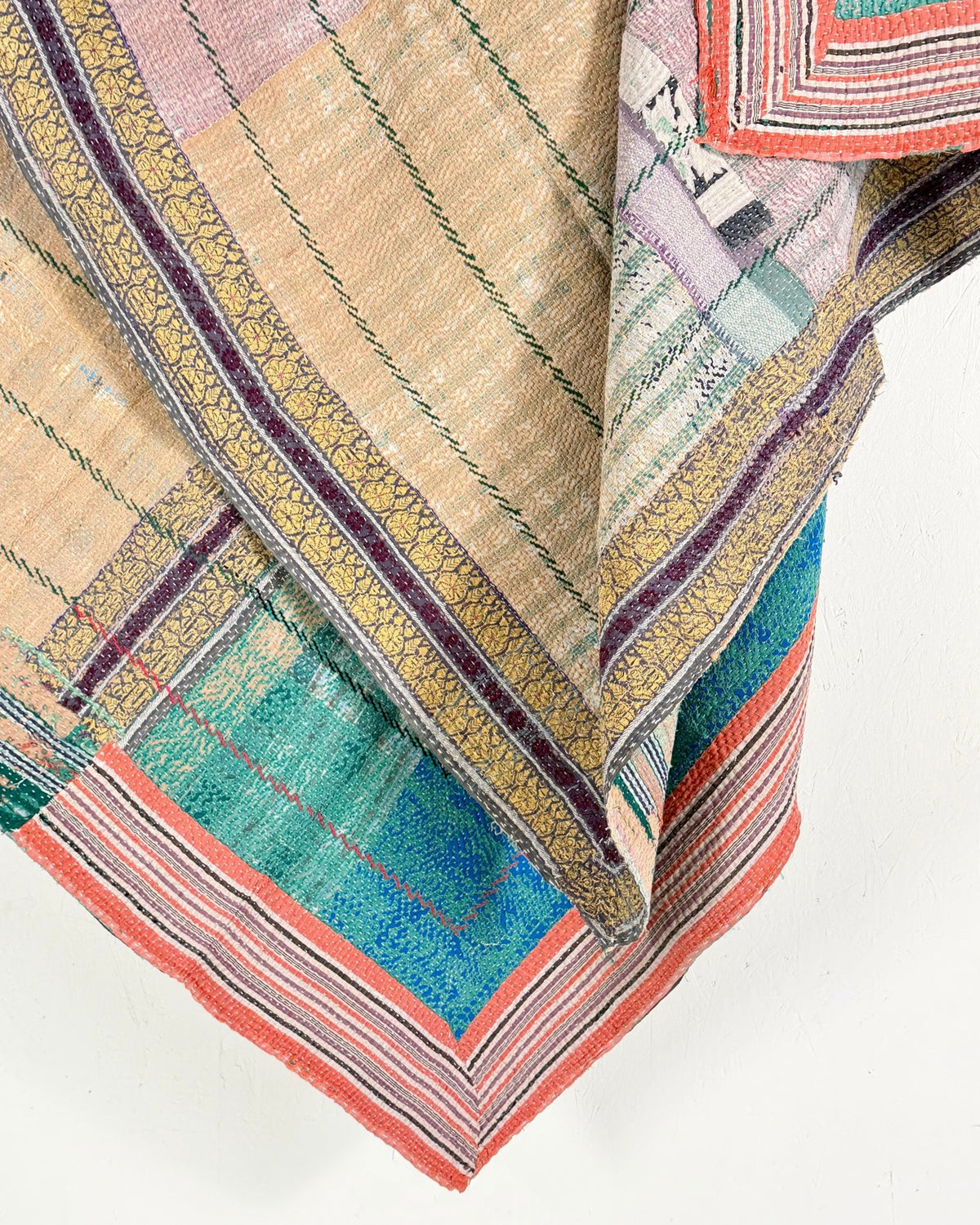 Embroidered Vintage Kantha Quilt in Pink and Turquoise - Biggs & Hill