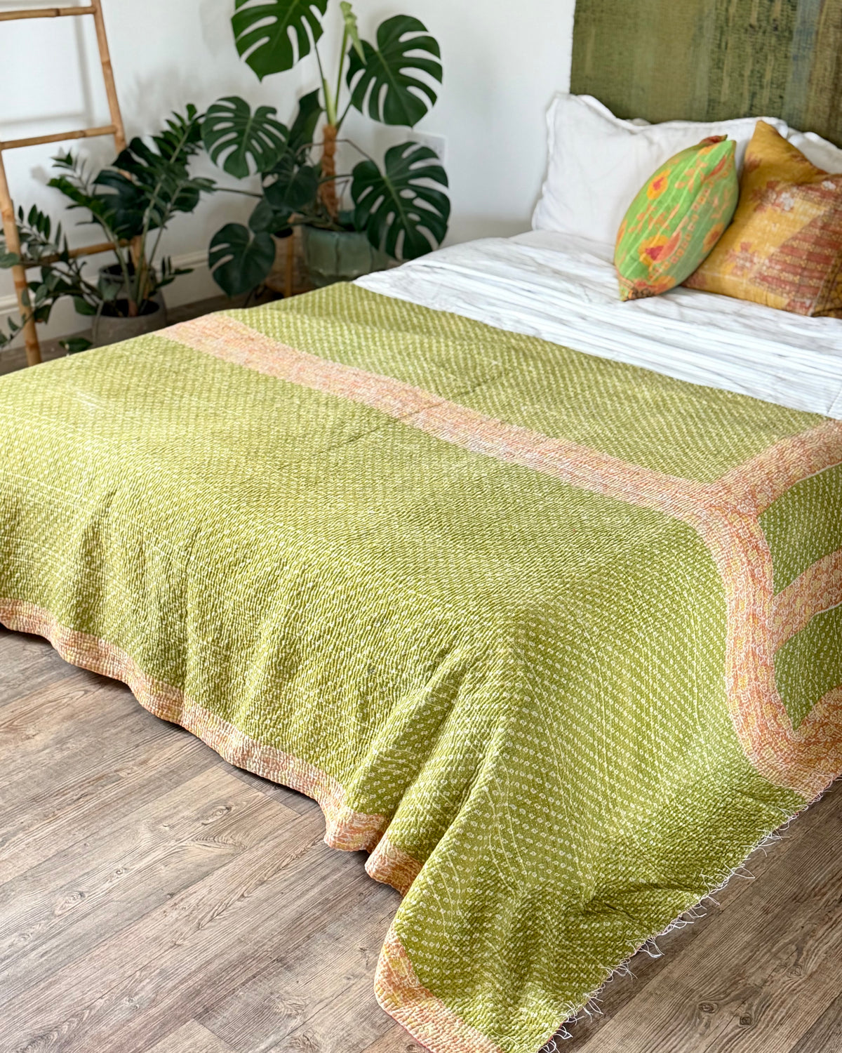 Extra Large Fine Stitched Vintage Kantha Quilt in Pink Stripes and Green