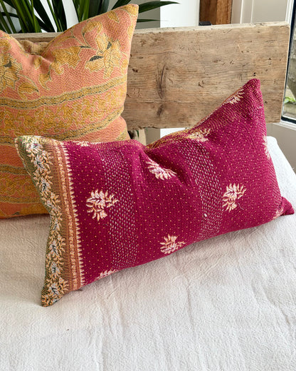 Vintage Kantha Cushion In Burgundy and Gold - Small Rectangular