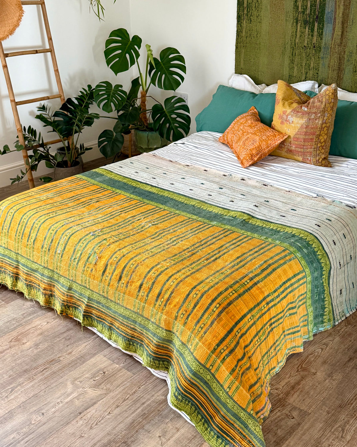 Textured Vintage Kantha Quilt In Orange, Green and White