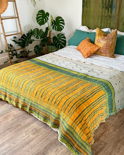Textured Vintage Kantha Quilt In Orange, Green and White