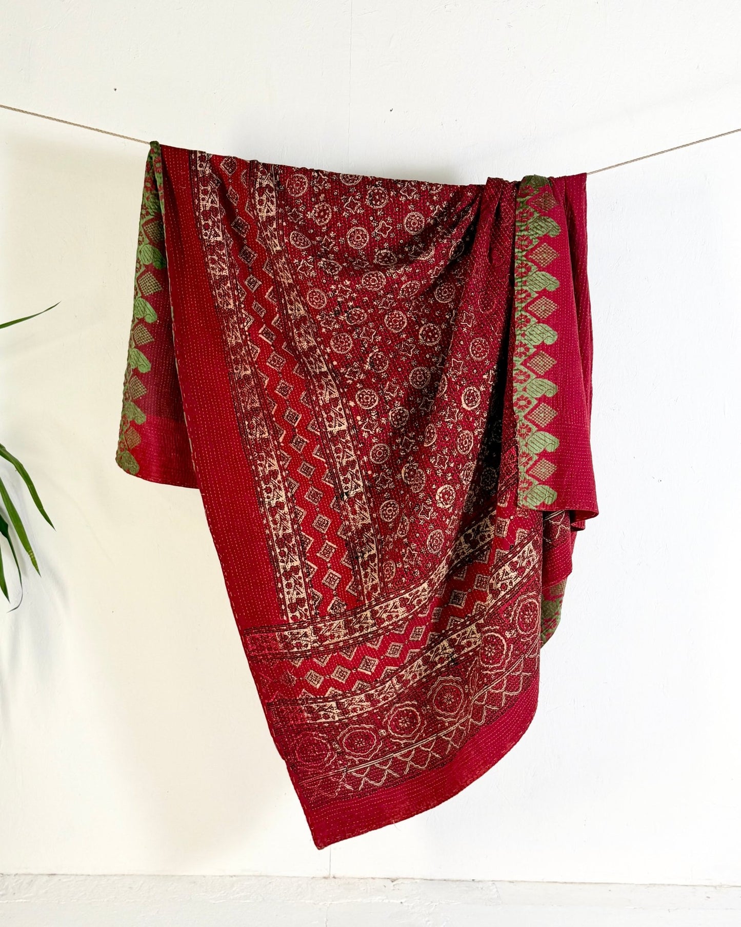 Extra Large Ajrakh Printed Vintage Kantha Quilt In Deep Red - Biggs & Hill