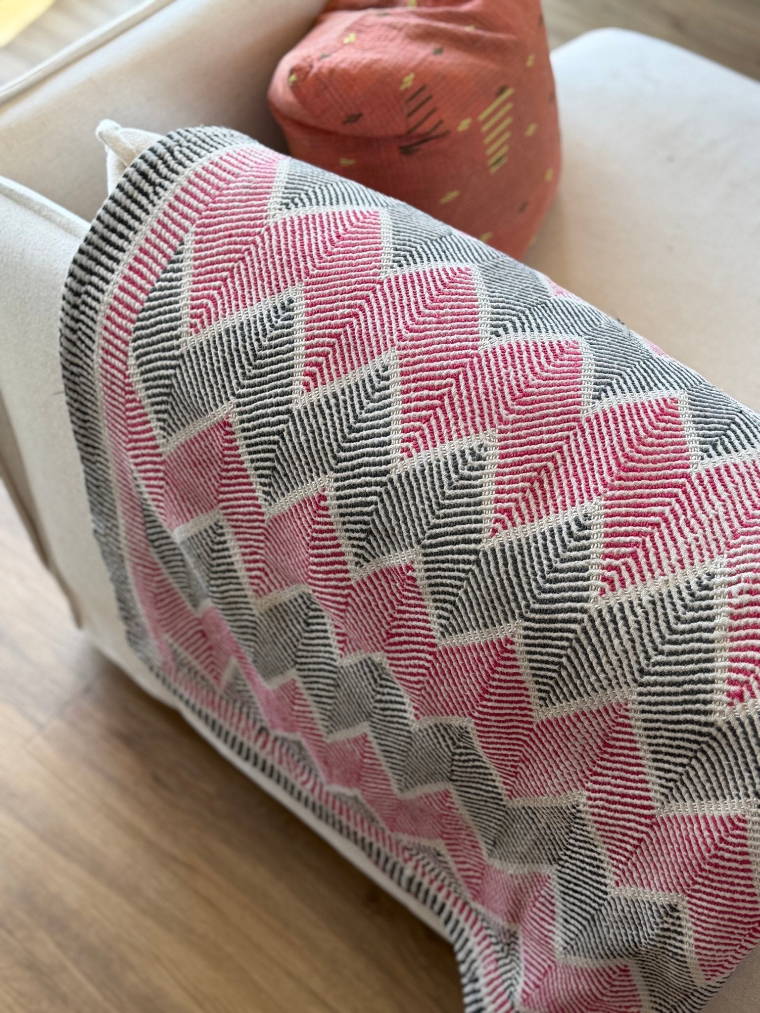Heavy Vintage Lohori Kantha Quilt in Deep Pink and Black Zig Zags - Biggs & Hill