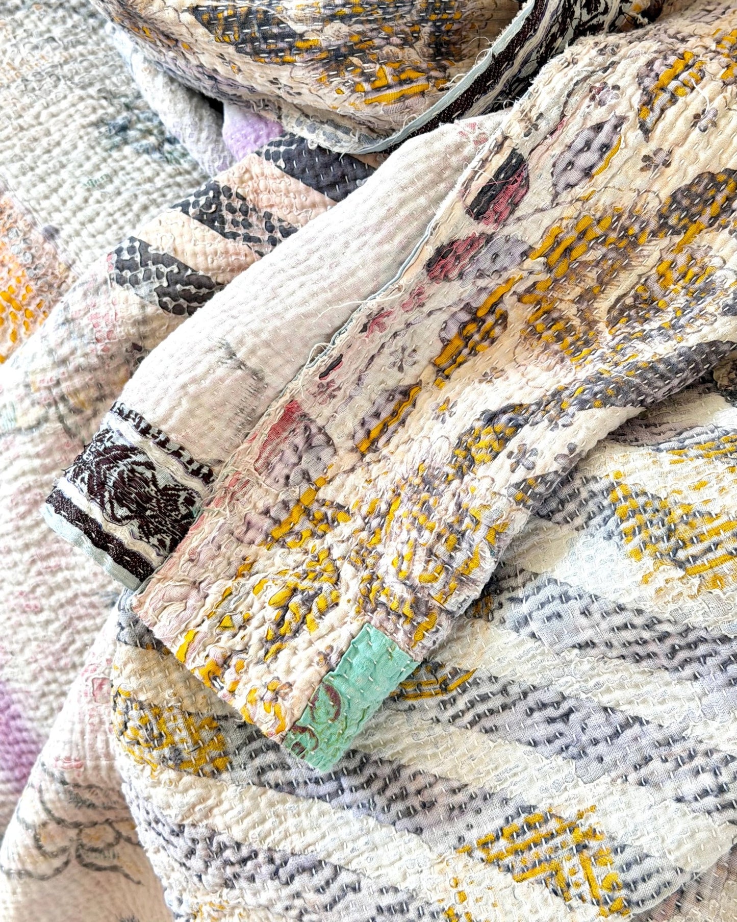 Textured Vintage Kantha Quilt in Pastel Floral with Grey Stripes - Biggs & Hill