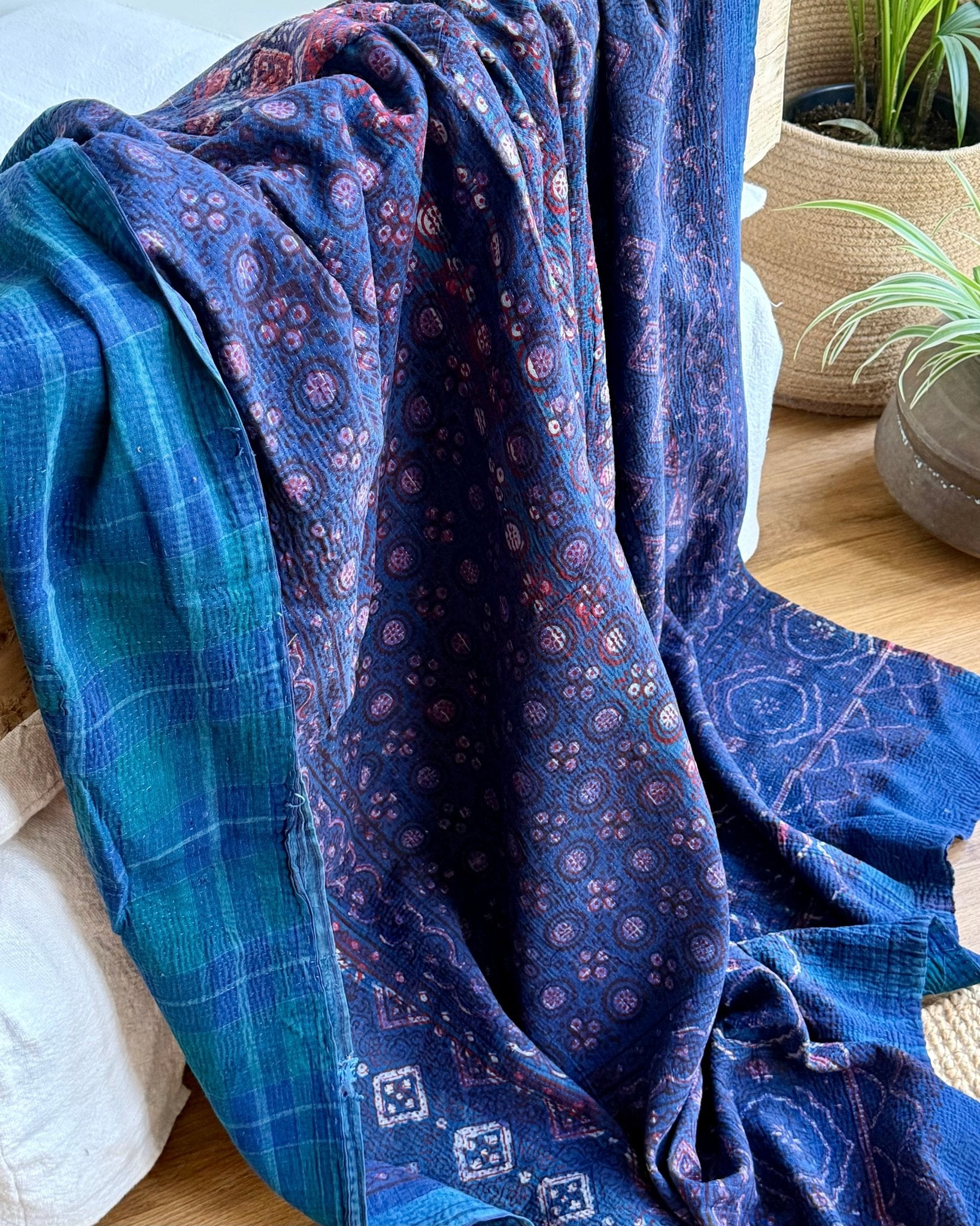 Ajrak Printed Vintage Kantha Quilt In Deep Blue - Biggs & Hill