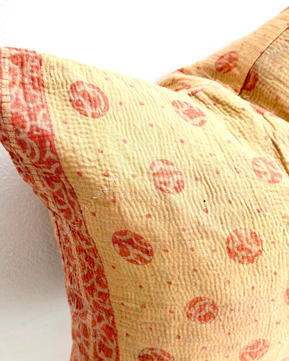 Handmade Vintage Kantha Cushion Cover In Beige and Orange- 45cm (18") Square - Biggs & Hill