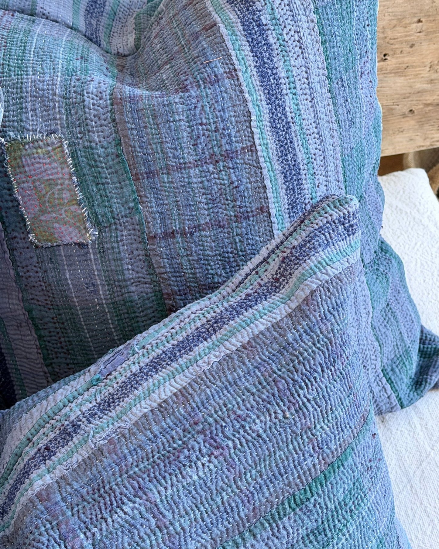 Handmade Vintage Kantha Cushion In Deep Blue - 50cm Square - Biggs & Hill