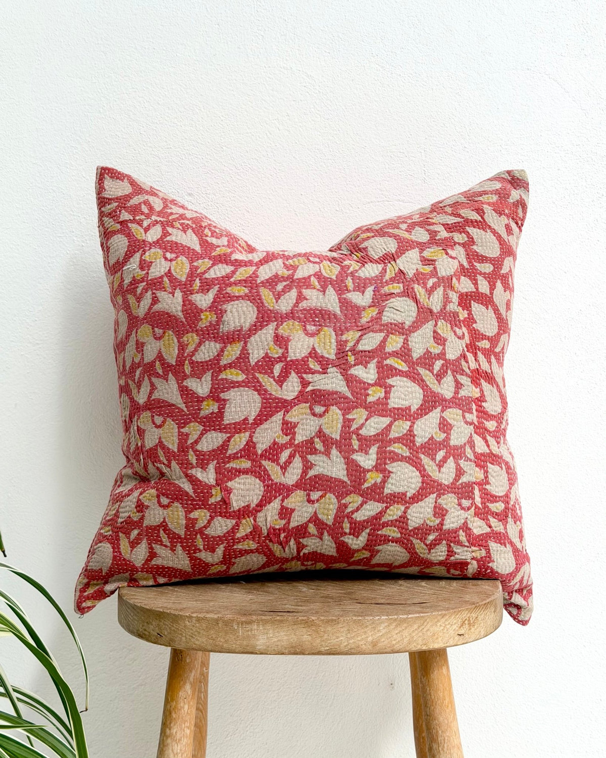 Handmade Vintage Kantha Cushion Cover In Pink Floral - 45cm (18") - Biggs & Hill
