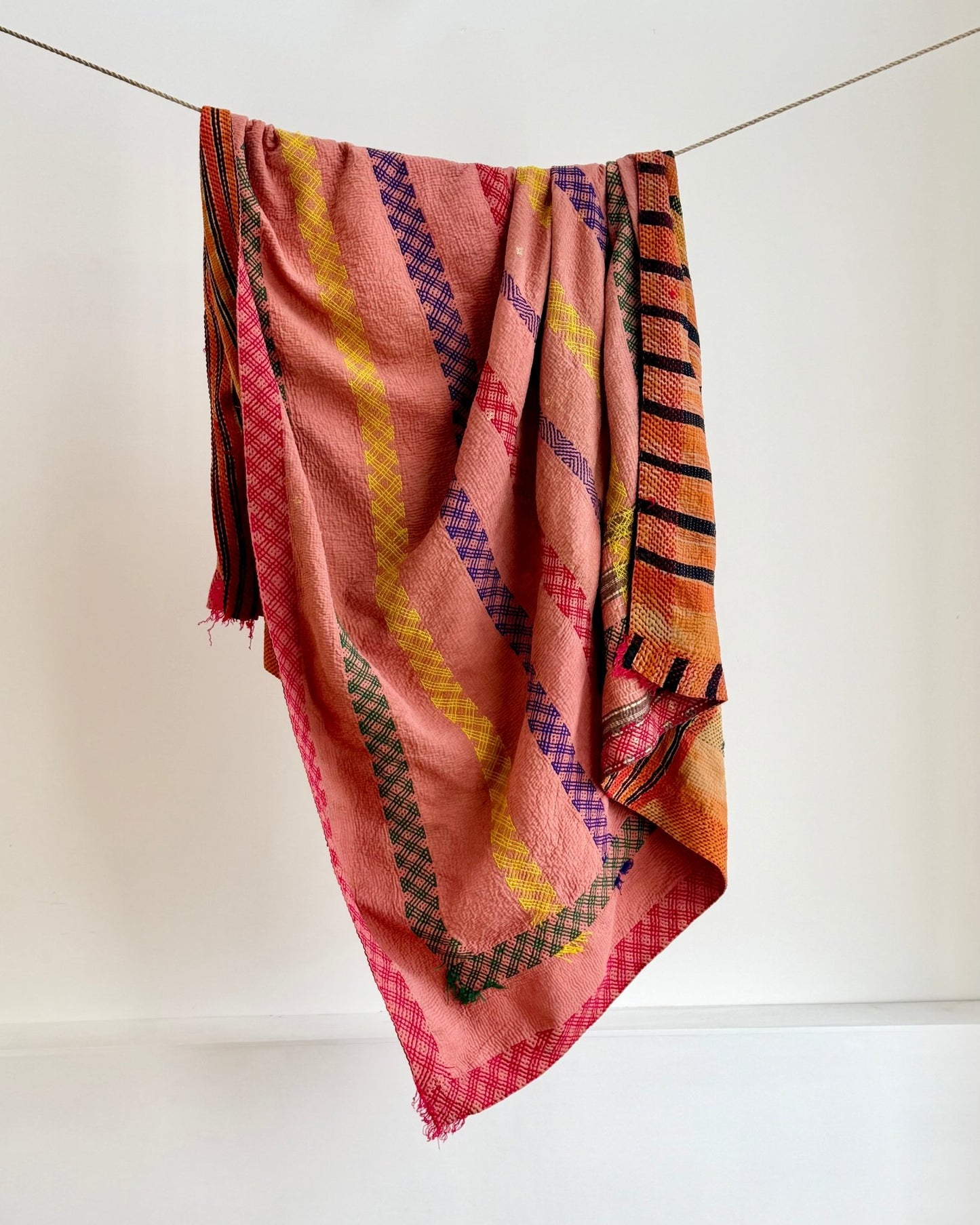 Large Embroidered Vintage Kantha Quilt in Pink and Orange - Biggs & Hill