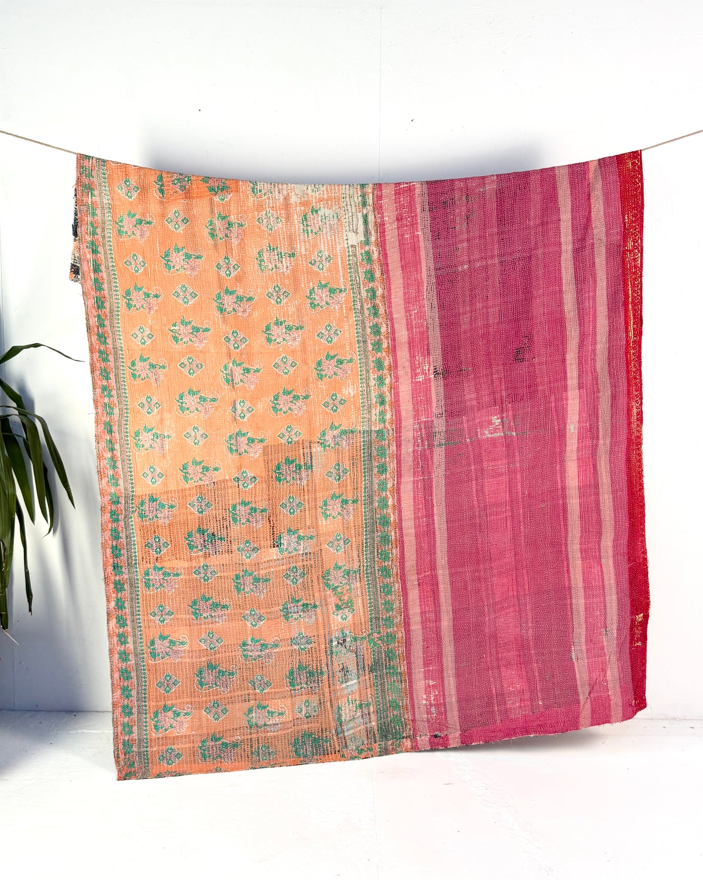 Large Textured Vintage Kantha Quilt in Pink and Blue Patterns