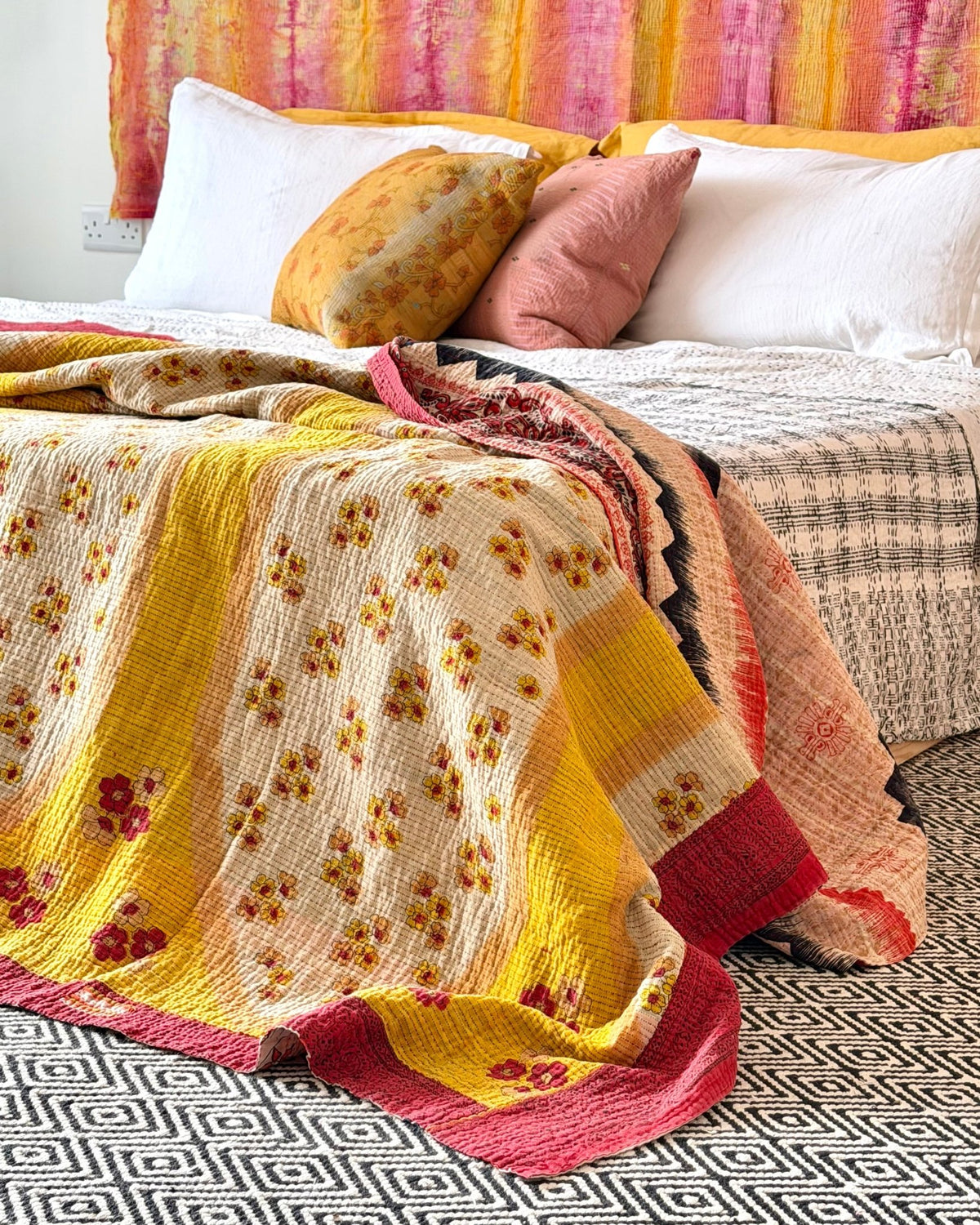 Extra Large Fine Stitched Vintage Kantha Quilt in Geometric Red and Yellow - Biggs & Hill