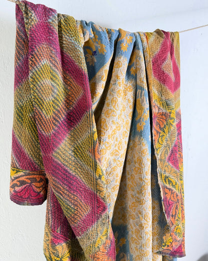 Large Textured Vintage Kantha Quilt in Geometric Pink and yellow - Biggs & Hill