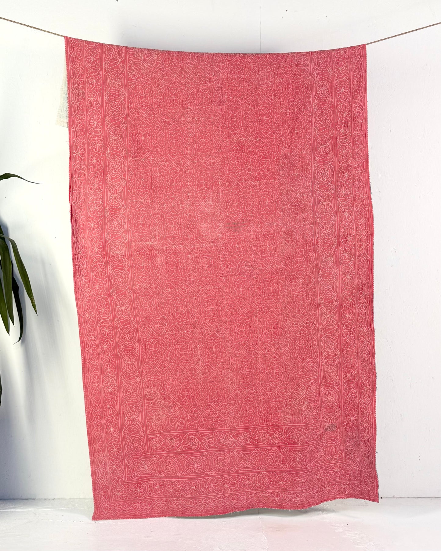 Embroidered Sujini Vintage Kantha Quilt In Faded Pink With Bengali Writing