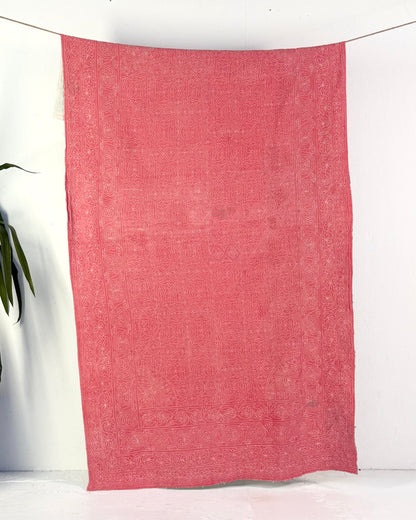 Embroidered Sujini Vintage Kantha Quilt In Faded Pink With Bengali Writing