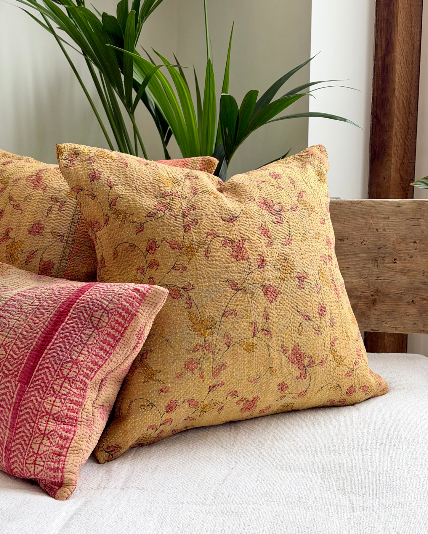 Vintage Kantha Cushion With Yellow Flowers - 45cm Square