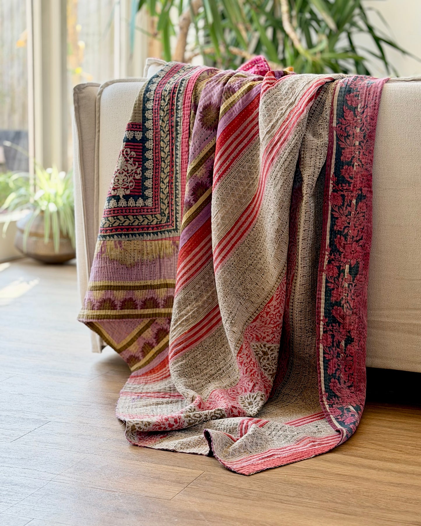 Fine Stitched Vintage Kantha Quilt in Super Soft Pink and Purple