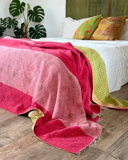 Extra Large Fine Stitched Vintage Kantha Quilt in Pink Stripes and Green