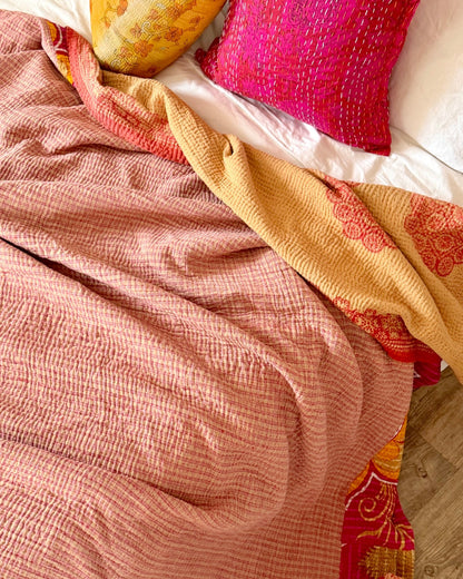 Large Fine Stitched Vintage Kantha Quilt in Pink and Peachy Orange - Biggs & Hill