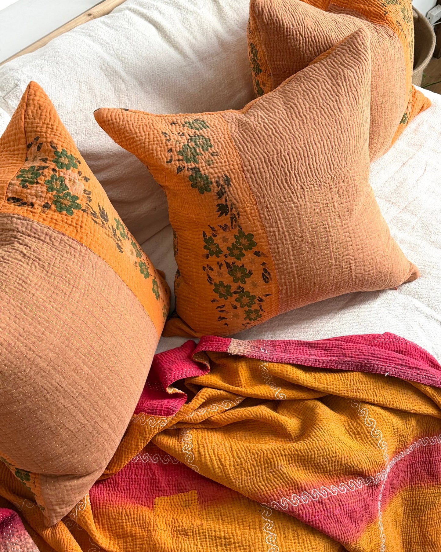 Vintage Kantha Cushion In Orange and Brown Floral 04 - 50cm Square - Biggs & Hill