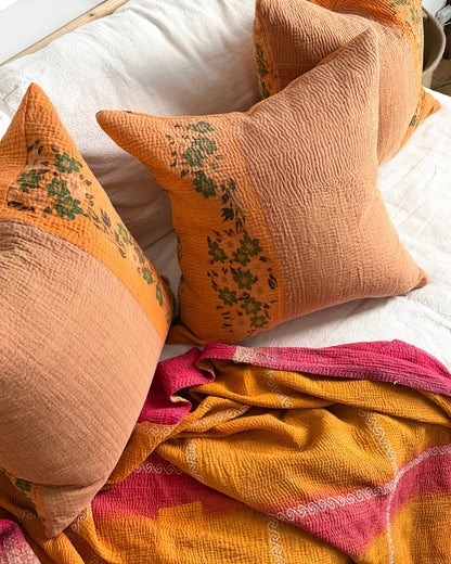 Vintage Kantha Cushion In Orange and Brown Floral 04 - 50cm Square - Biggs & Hill